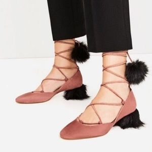 Zara suede faux fur Pom Pom heels